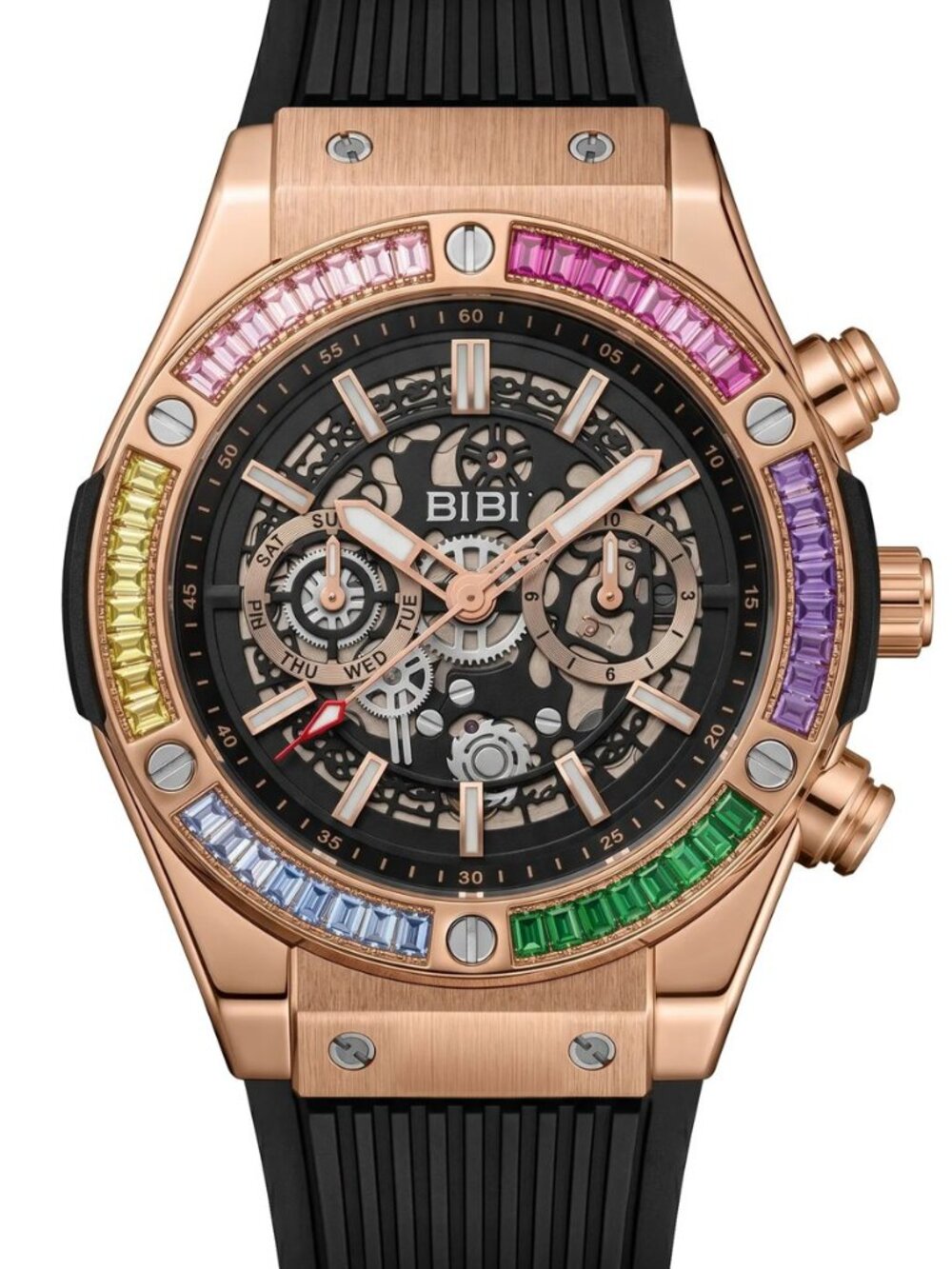 BiBi-B1100 square colored Zirconia rose gold case, black dial,